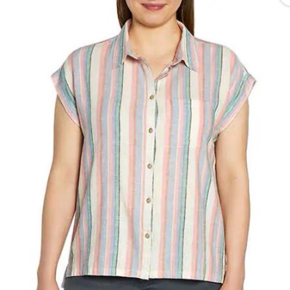 SOLD—-
Linen Blend Striped Button-Up Blouse Size L GUC - Picture 1 of 7